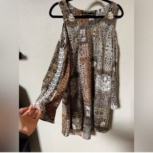 Boho Flower Child Festival Summer Patchwork Cold Shoulder Dress